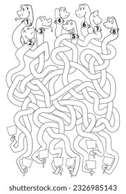 Funny Tangled Snakes. Children logic game to pass the maze. Educational game for kids. Choose right path. Write correct answers. Funny cartoon character. Coloring book