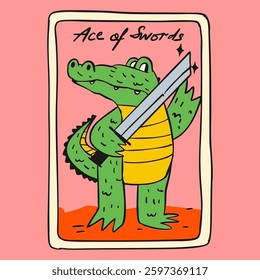 Funny tarot card Ace of Swords. Crocodile holding a swords. Trendy vector illustration.