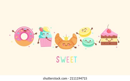 Funny tasty sweet bakery food icons.Hand drawn cake, macaroon, donut, cupcake, croissant.Set kawaii smiling pastry for advertise, web,design,print. Vector illustration, character isolated on white.