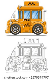 Funny taxi service car. Side view. Isolated on white background. Vector illustration.