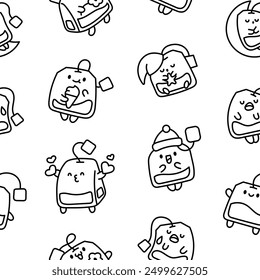 Funny tea bag with different emotions. Seamless pattern. Coloring Page. Cartoon character. Hand drawn style. Vector drawing. Design ornaments.