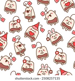 Funny tea bag with different emotions. Seamless pattern. Cartoon character. Hand drawn style. Vector drawing. Design ornaments.