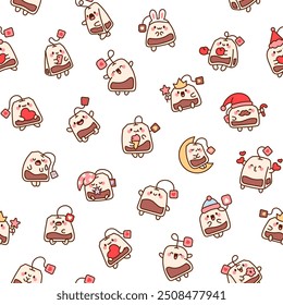 Funny tea bag with different emotions. Seamless pattern. Cartoon character. Hand drawn style. Vector drawing. Design ornaments.