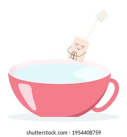 A funny tea bag jumps into a cup of water. 