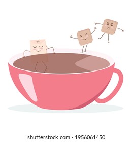 Funny tea bag and sugar are having fun in a cup of tea.