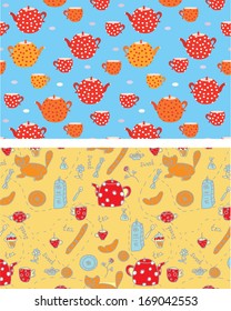 Funny tea banners with sweets, cats, pots