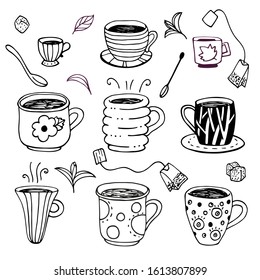 Funny tea cups of different shapes in doodle style with sugar cubes, tea leaves, tea bags black on white background