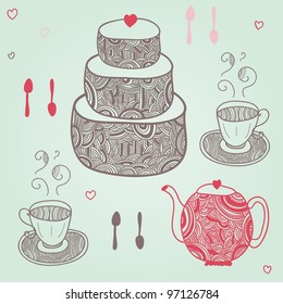 funny tea party with cake, cups, spoons and teapot