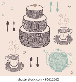 funny tea party with two cups and cake