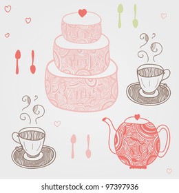 funny tea party with two cups, six spoons, teapot and cake