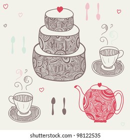 funny tea party with two cups, six spoons, teapot and cake