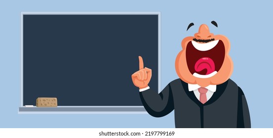 
Funny Teacher Explaining Next to the Blackboard Vector Cartoon. Professor explaining in a loud voice in lecture lesson
