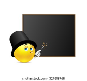 Funny teacher of magic around blackboard