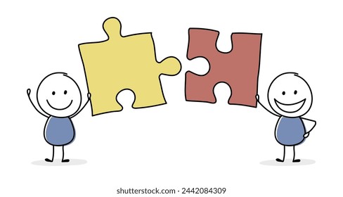 Funny teamwork concept. Stickmen with puzzle. Vector
