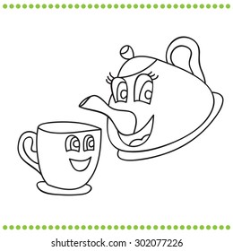 Funny teapot and cup - coloring book Vector illustration for children