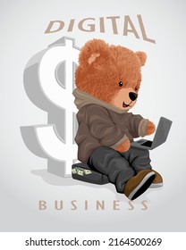 Funny teddy bear cartoon operating laptop sitting on money suitcase 