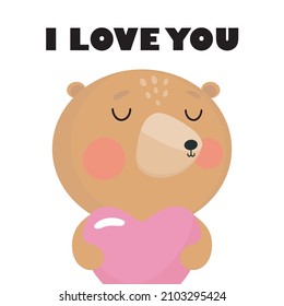 Funny Teddy Bear Cartoon with Pink Heart. For greeting card, posters, banners, children books, printing on the pack, printing on clothes, wallpaper, textile or dishes.
