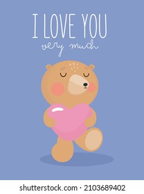 Funny Teddy Bear Cartoon with Pink Heart. For greeting card, posters, banners, children books, printing on the pack, printing on clothes, wallpaper, textile or dishes.
