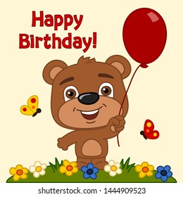 Funny Teddy bear in cartoon style with red balloon - happy birthday card