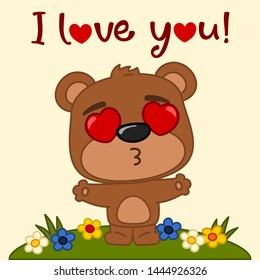 Funny Teddy bear in cartoon style with hearts in his eyes spread hands for kiss - happy Valentines day card