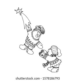 funny Teddy bear caught a shooting star by the tail for his girlfriend on Valentine's day, vector illustration with black contour lines isolated on white background in doodle and hand drawn style