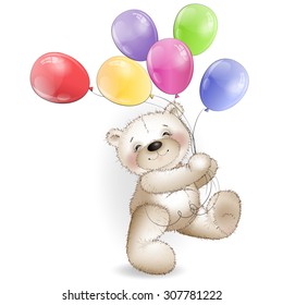Funny Teddy bear comes with colored balloons. The background is white