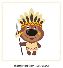 Funny teddy bear in costume of american Indian with spear in cartoon style.