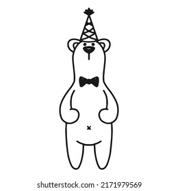 Un oso de peluche gracioso con un sombrero festivo. Ilustración vectorial. Estilo Doodle. Adecuado para el diseño festivo.