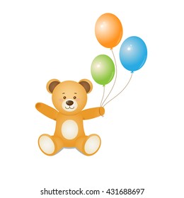 Funny teddy bear holding balloons in hands.Design for prints of baby goods, happy birthday cards, invitation,backgrounds.Isolated on white background.Vector illustration.