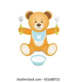 Funny teddy bear holding fork and spoon in hands.Design for prints of baby goods, backgrounds.Isolated on white background.Vector illustration.