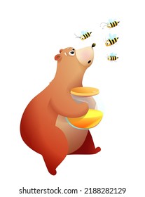 Funny Teddy Bear Holding A Jar With Honey , Emotional Surprised Animal Character For Kids. Cute Bear With Honey And Bees, Vector Clip Art Cartoon For Children.