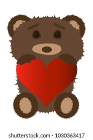 Funny teddy bear holding in the paws of a big heart. The concept of Valentine's Day.
