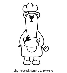 Funny teddy bear with a ladle and fork. Vector illustration. Doodle style. Suitable for holiday decoration.