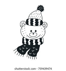Funny teddy bear. Nursery art. Minimalist scandinavian style. Character for kids card, print for t-shirt and more. Winter season.