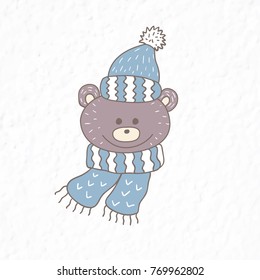 Funny teddy bear. Nursery art. Minimalist scandinavian style. Character for kids card, print for t-shirt and more. Winter season.