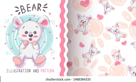 Funny teddy bear - seamless pattern. Hand draw