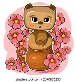 Ein lustiger Teddybär sitzt in einem Krug. Cute Comedian Tier. Schöne rote Blumen. Cute Cartoon Stil. Clipkunst für Kinder einzeln auf weißem Hintergrund. Vektorgrafik