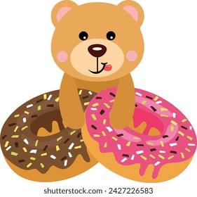 Funny teddy bear with strawberry and chocolate donuts
