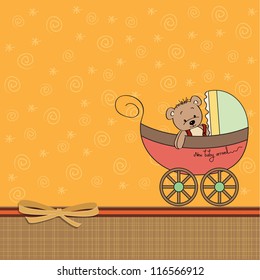 funny teddy bear in stroller, baby announcement card