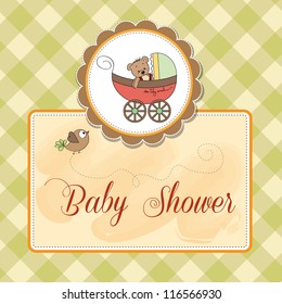 funny teddy bear in stroller, baby announcement card