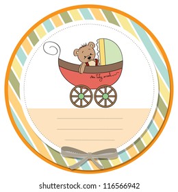 funny teddy bear in stroller, baby announcement card