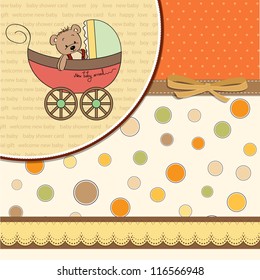 funny teddy bear in stroller, baby announcement card
