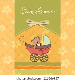 funny teddy bear in stroller, baby announcement card