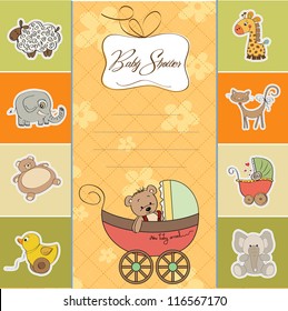 funny teddy bear in stroller, baby announcement card