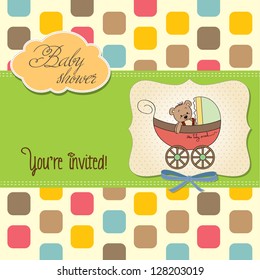 funny teddy bear in stroller, baby announcement card