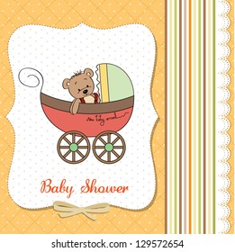 funny teddy bear in stroller, baby announcement card
