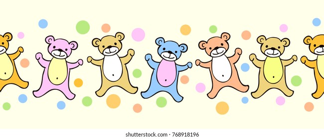 Funny teddy bears seamless pattern or border with dots. Cute vector cartoon illustration for kids. Soft pastel color bear frame background for children.