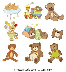 funny teddy bears set isolated on white background, vector illustration