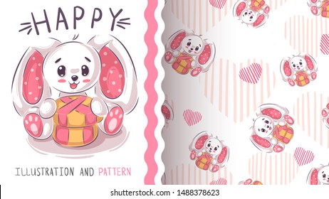 Funny teddy rabbit - seamless pattern. Hand draw