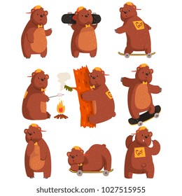 Funny teen bear in various situations. Cartoon forest animal character. Brown grizzly in orange cap and bow tie. Flat vector design for sticker or postcard